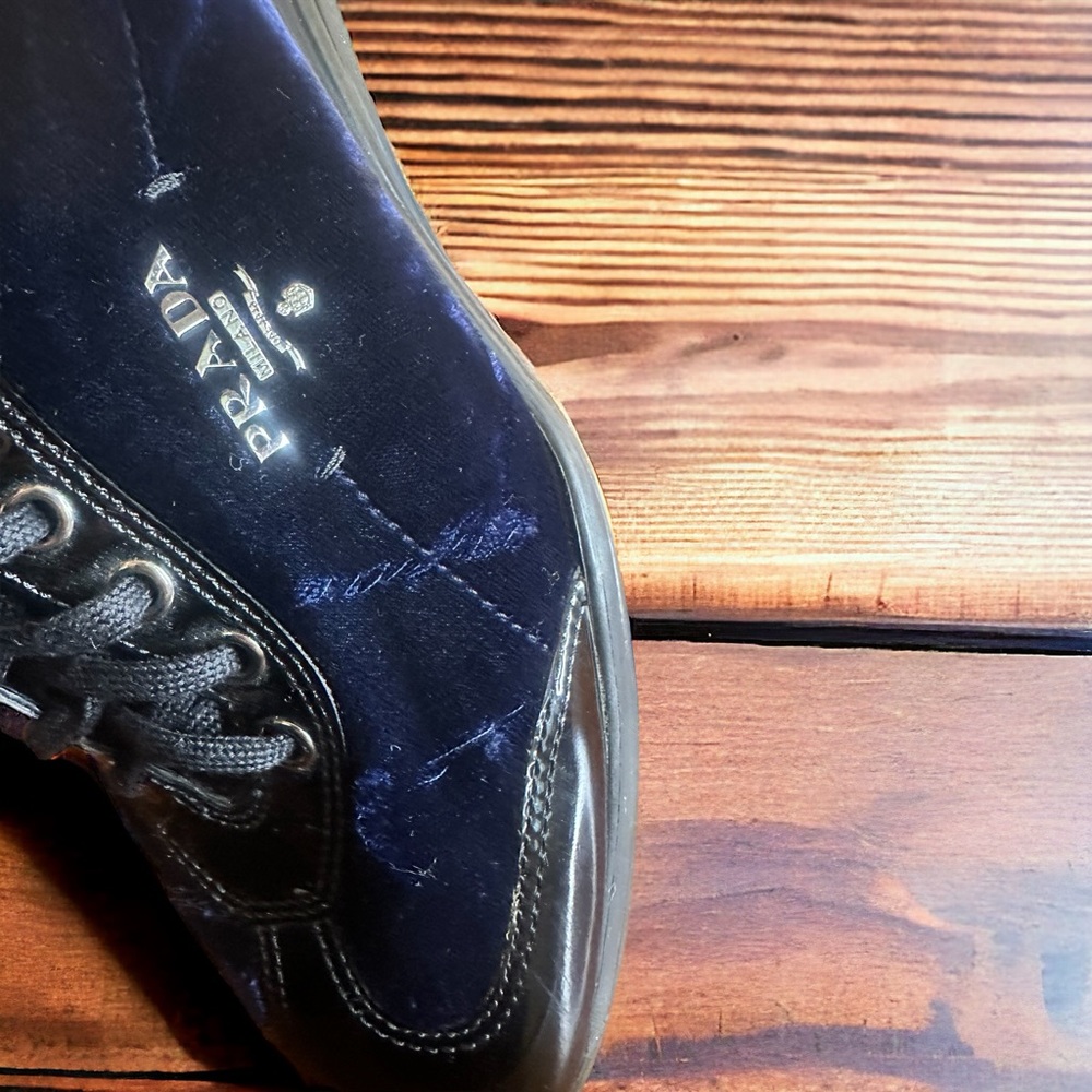 Authentic Prada Men's Blue Velvet and Black Patent Leather Lace Up Running Shoes - Picture 11 of 12